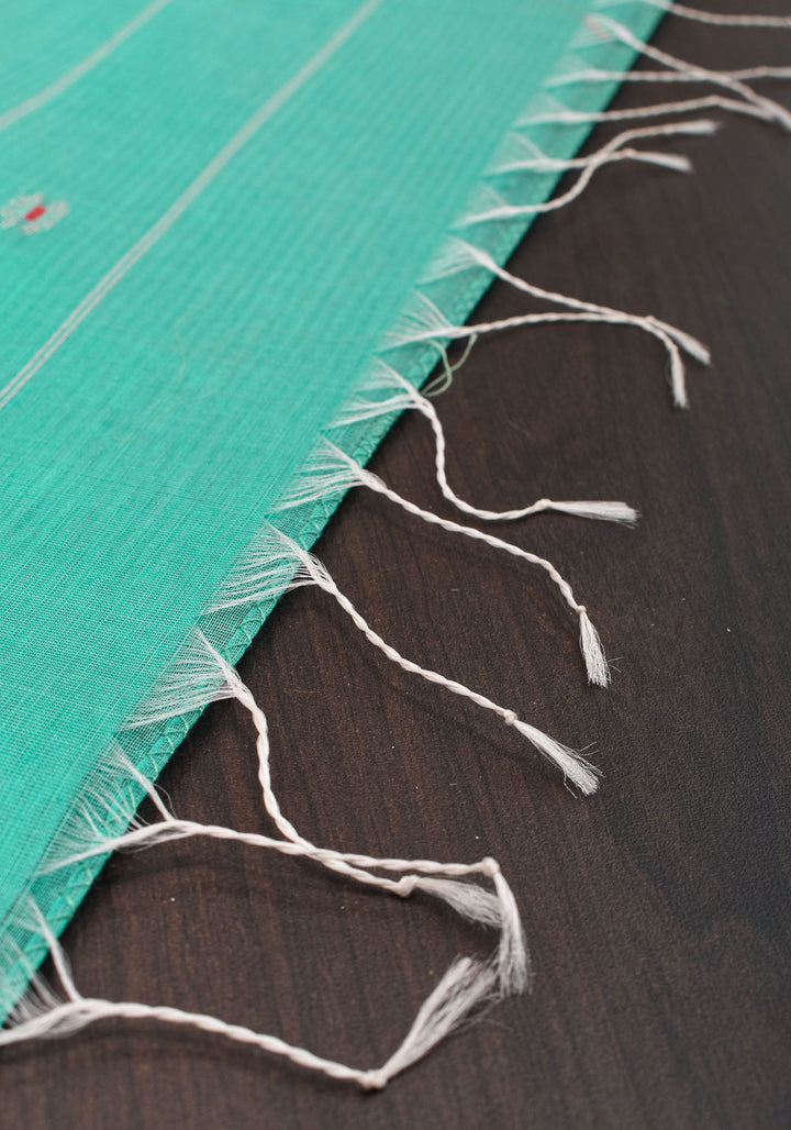 Handwoven Maheshwari Silk Cotton Saree  in Teal with minimal zari borders| Sarees By Shobitam