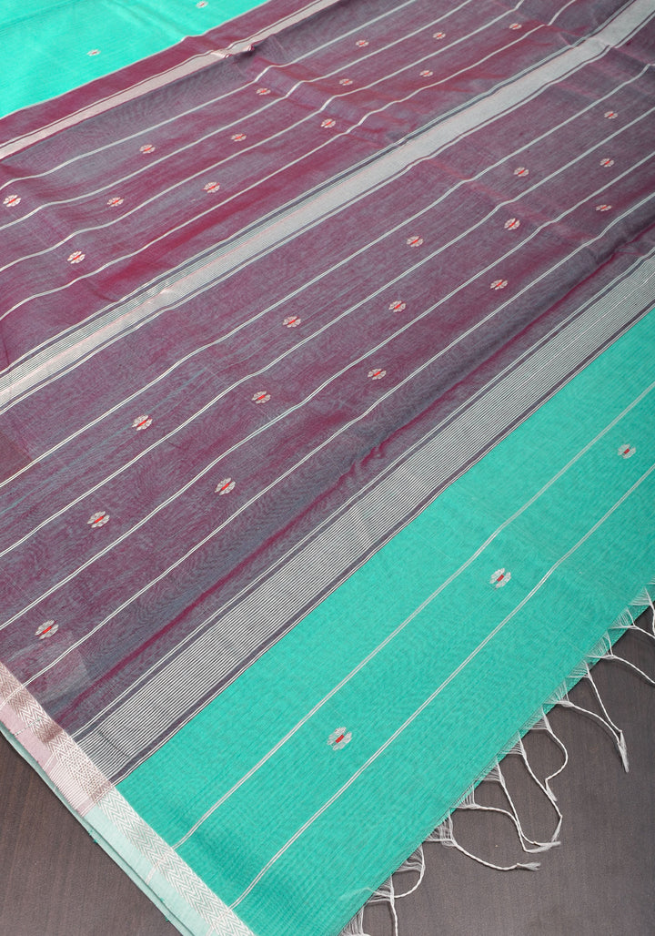 Handwoven Maheshwari Silk Cotton Saree  in Teal with minimal zari borders| Sarees By Shobitam