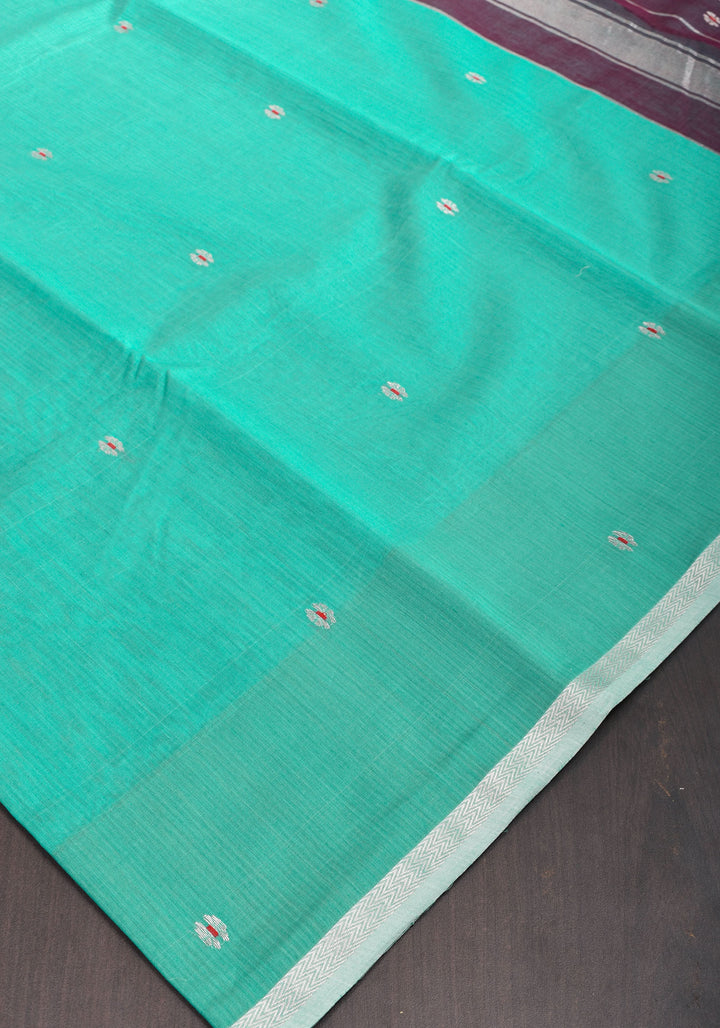 Handwoven Maheshwari Silk Cotton Saree  in Teal with minimal zari borders| Sarees By Shobitam