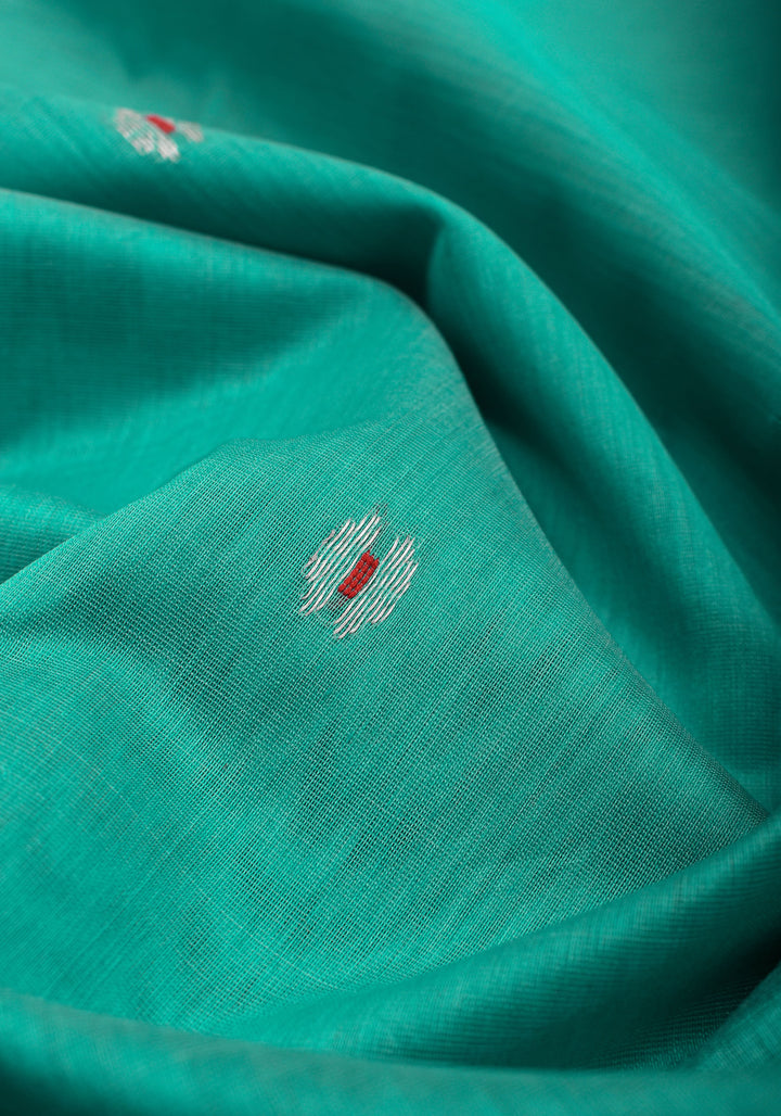 Handwoven Maheshwari Silk Cotton Saree  in Teal with minimal zari borders| Sarees By Shobitam