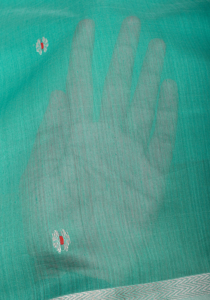 Handwoven Maheshwari Silk Cotton Saree  in Teal with minimal zari borders| Sarees By Shobitam