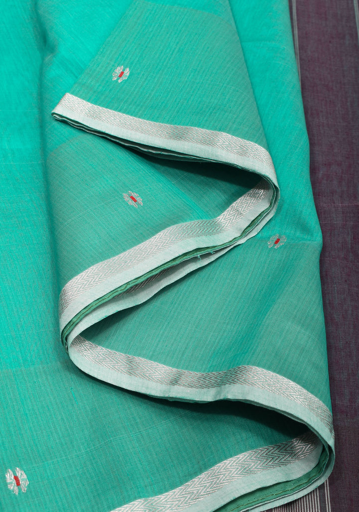 Handwoven Maheshwari Silk Cotton Saree  in Teal with minimal zari borders| Sarees By Shobitam