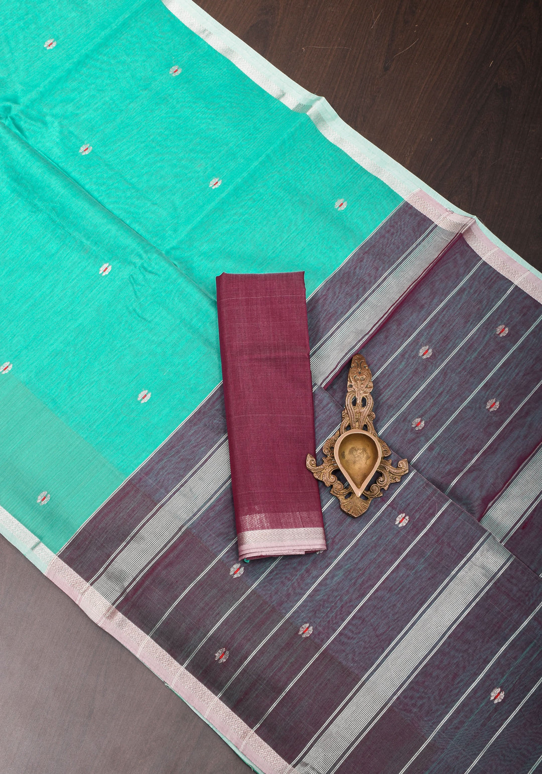 Handwoven Maheshwari Silk Cotton Saree  in Teal with minimal zari borders| Sarees By Shobitam