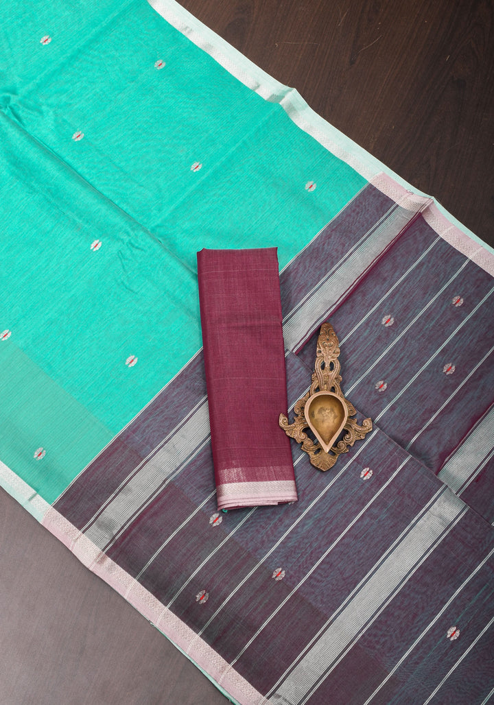 Handwoven Maheshwari Silk Cotton Saree  in Teal with minimal zari borders| Sarees By Shobitam