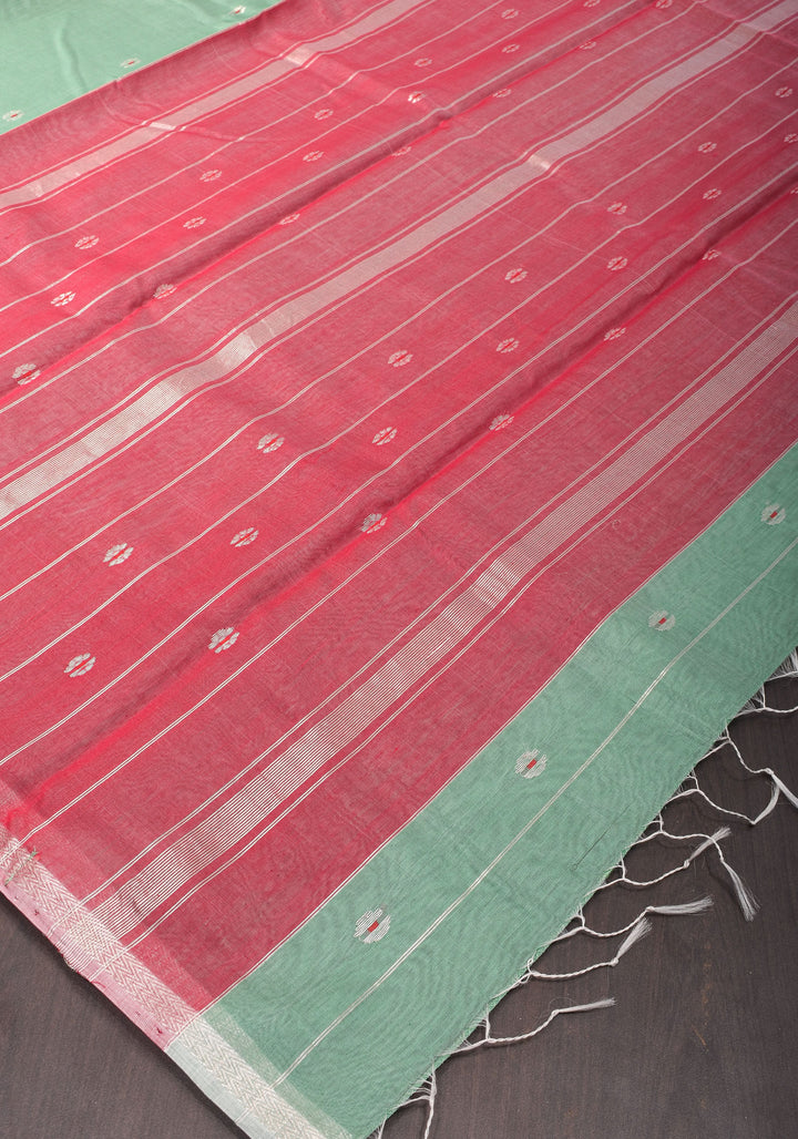 Handwoven Maheshwari Silk Cotton Saree in Green with Pink Pallu and Floral buttas