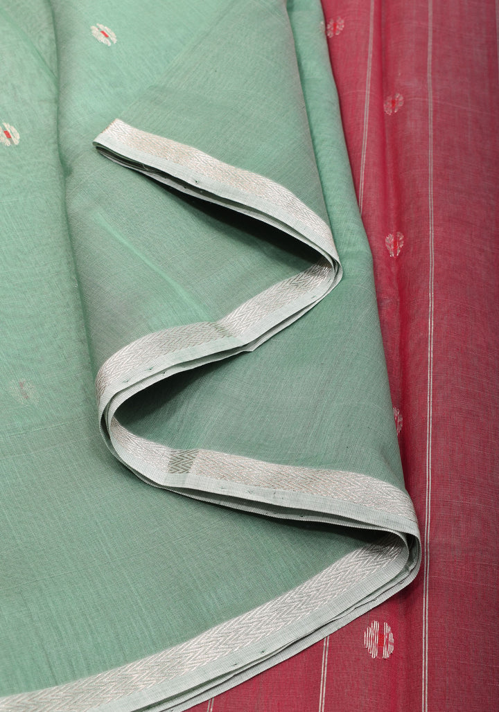 Handwoven Maheshwari Silk Cotton Saree in Green with Pink Pallu and Floral buttas
