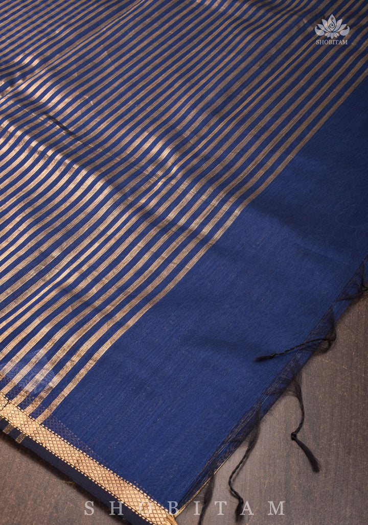 Deep Ink Blue Handwoven Vertical Zari Stripes Maheshwari Silk Cotton Saree