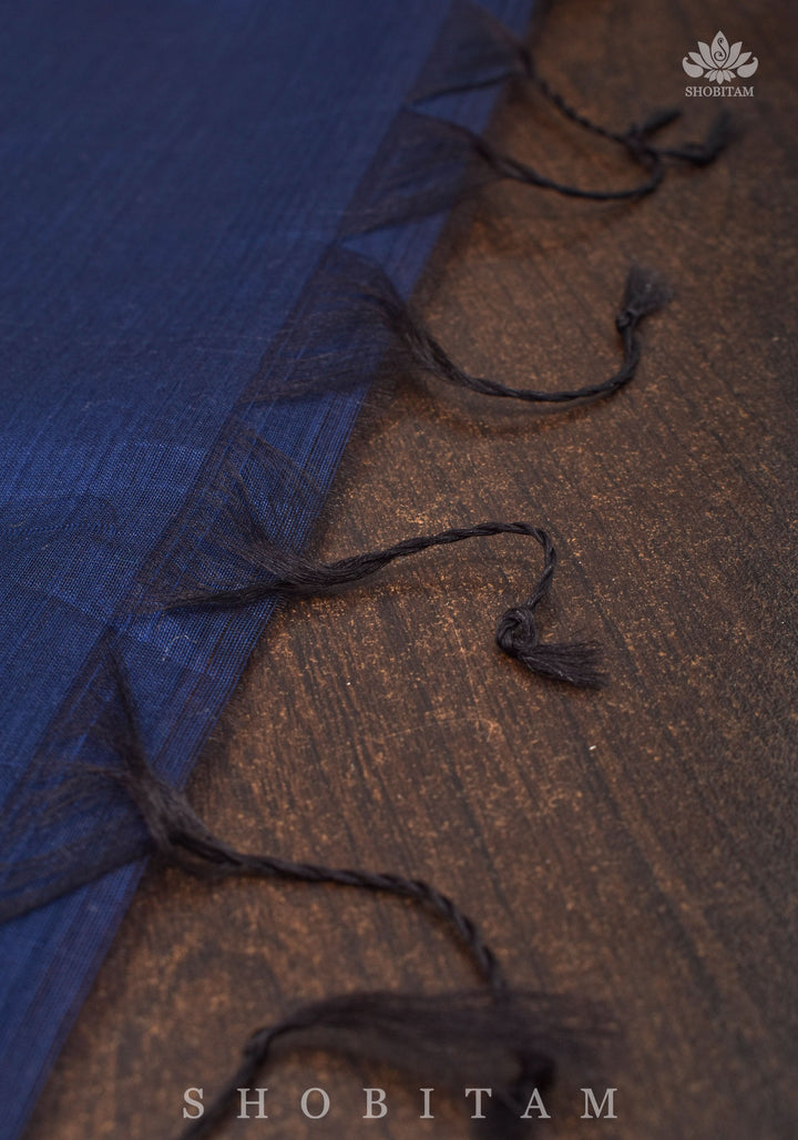 Deep Ink Blue Handwoven Vertical Zari Stripes Maheshwari Silk Cotton Saree