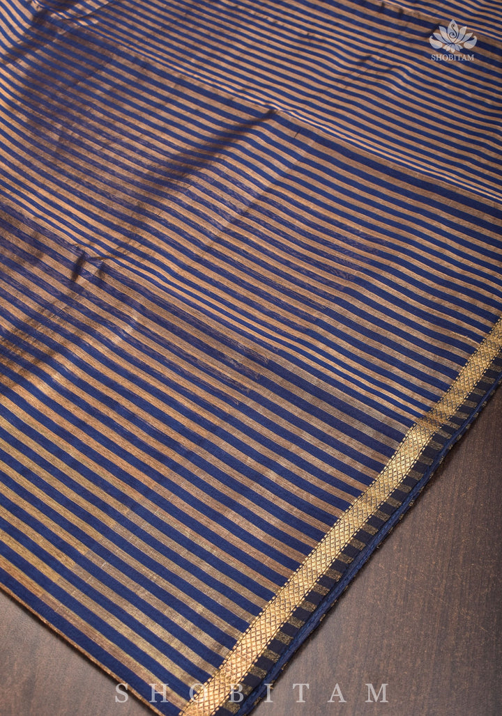 Deep Ink Blue Handwoven Vertical Zari Stripes Maheshwari Silk Cotton Saree
