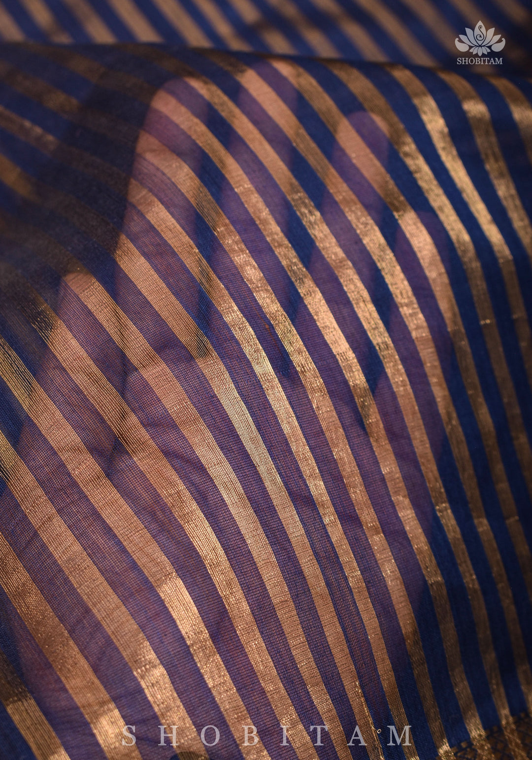 Deep Ink Blue Handwoven Vertical Zari Stripes Maheshwari Silk Cotton Saree