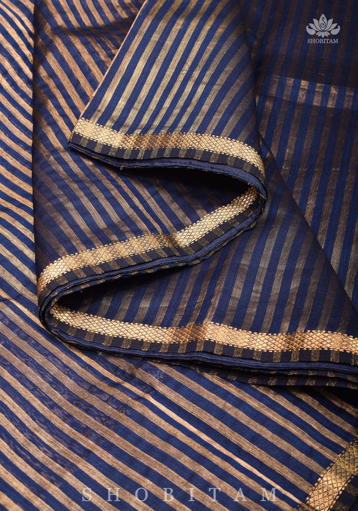 Deep Ink Blue Handwoven Vertical Zari Stripes Maheshwari Silk Cotton Saree