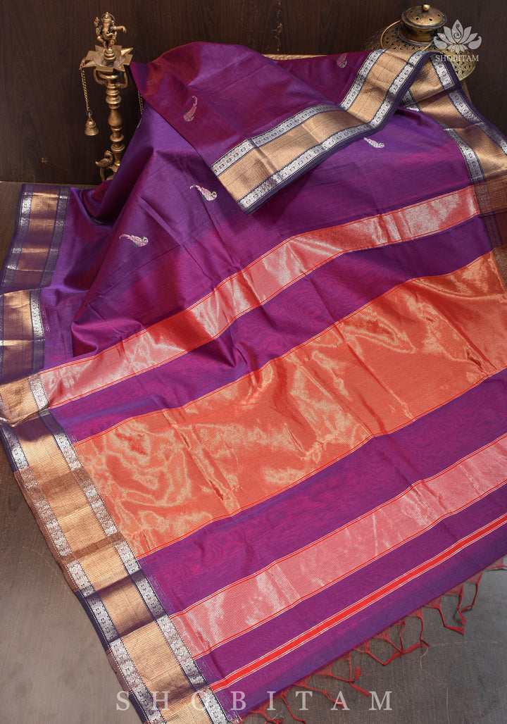 Exquisite Meenakari Handwoven Maheshwari Silk Cotton Saree in Purple & Red Dual tone