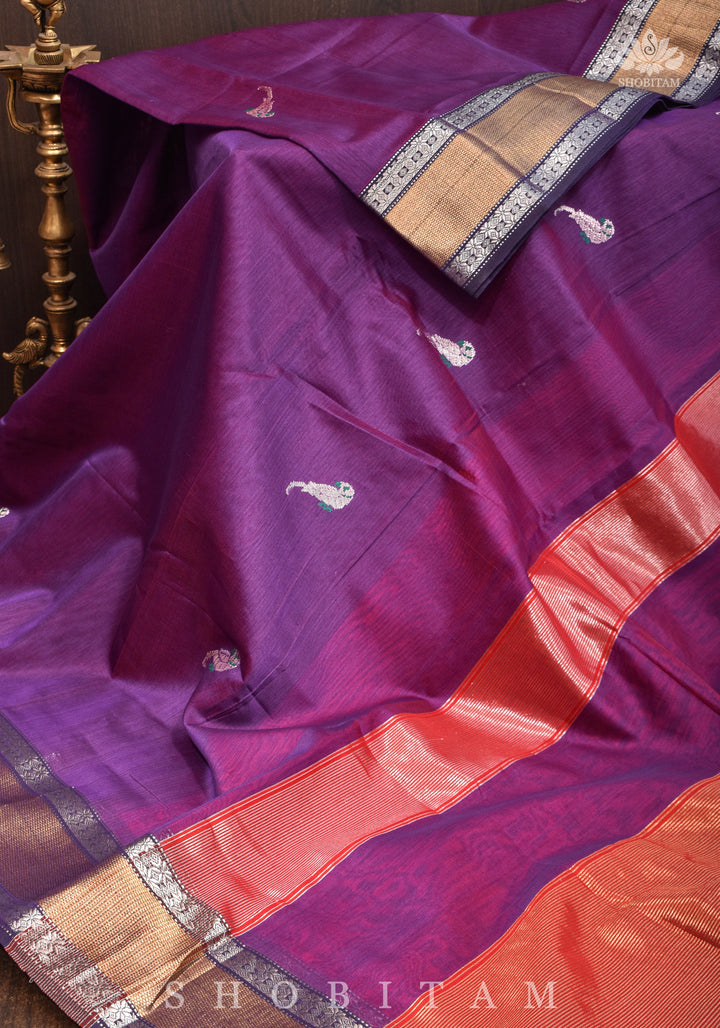 Exquisite Meenakari Handwoven Maheshwari Silk Cotton Saree in Purple & Red Dual tone