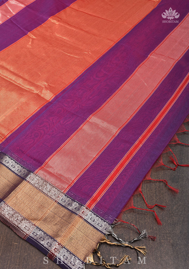 Exquisite Meenakari Handwoven Maheshwari Silk Cotton Saree in Purple & Red Dual tone