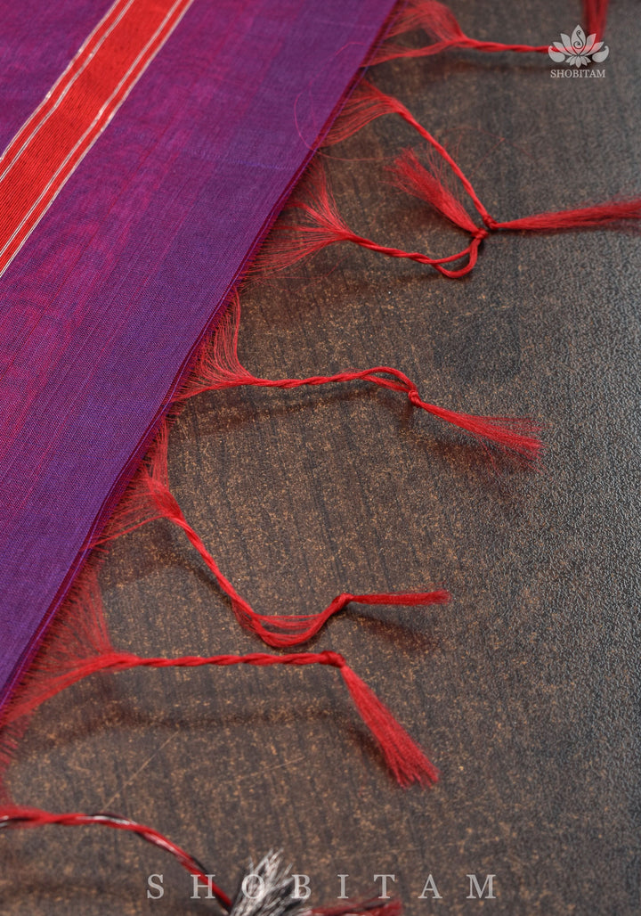 Exquisite Meenakari Handwoven Maheshwari Silk Cotton Saree in Purple & Red Dual tone