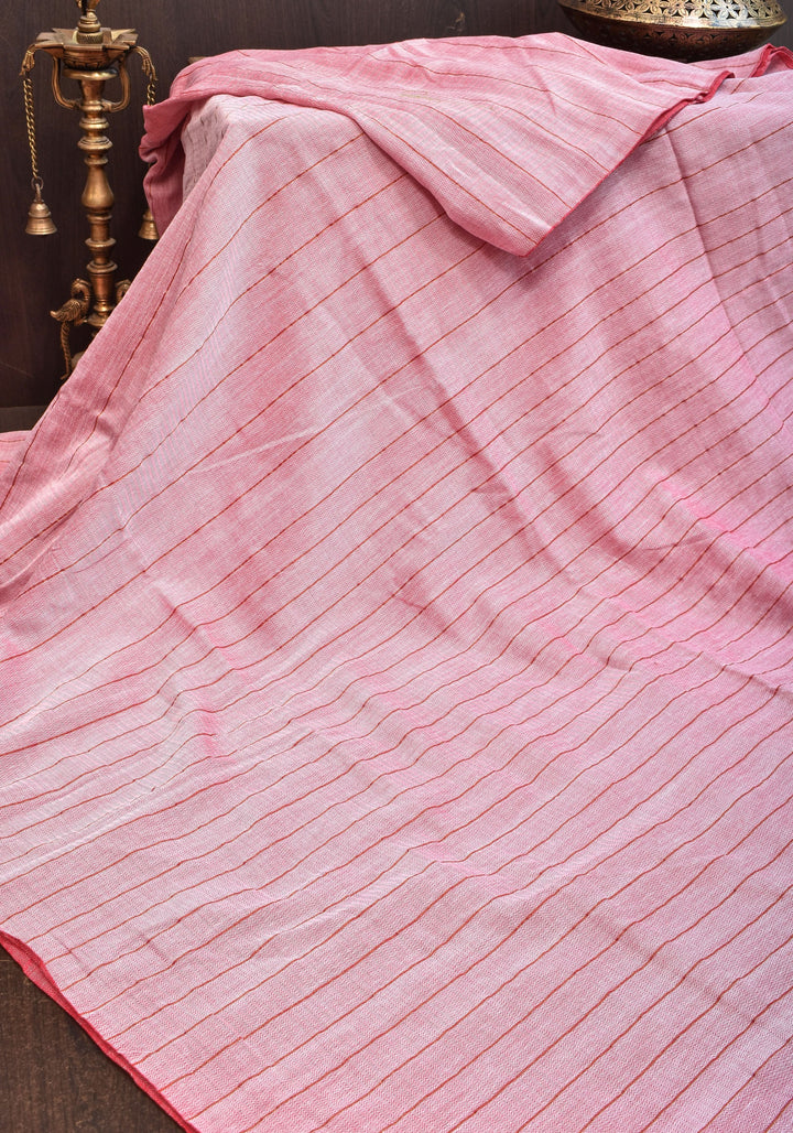 Handwoven Maheshwari Reversible Saree in Cotton in Baby pink and red dual tone No blouse Piece