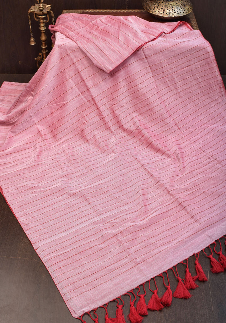Handwoven Maheshwari Reversible Saree in Cotton in Baby pink and red dual tone No blouse Piece