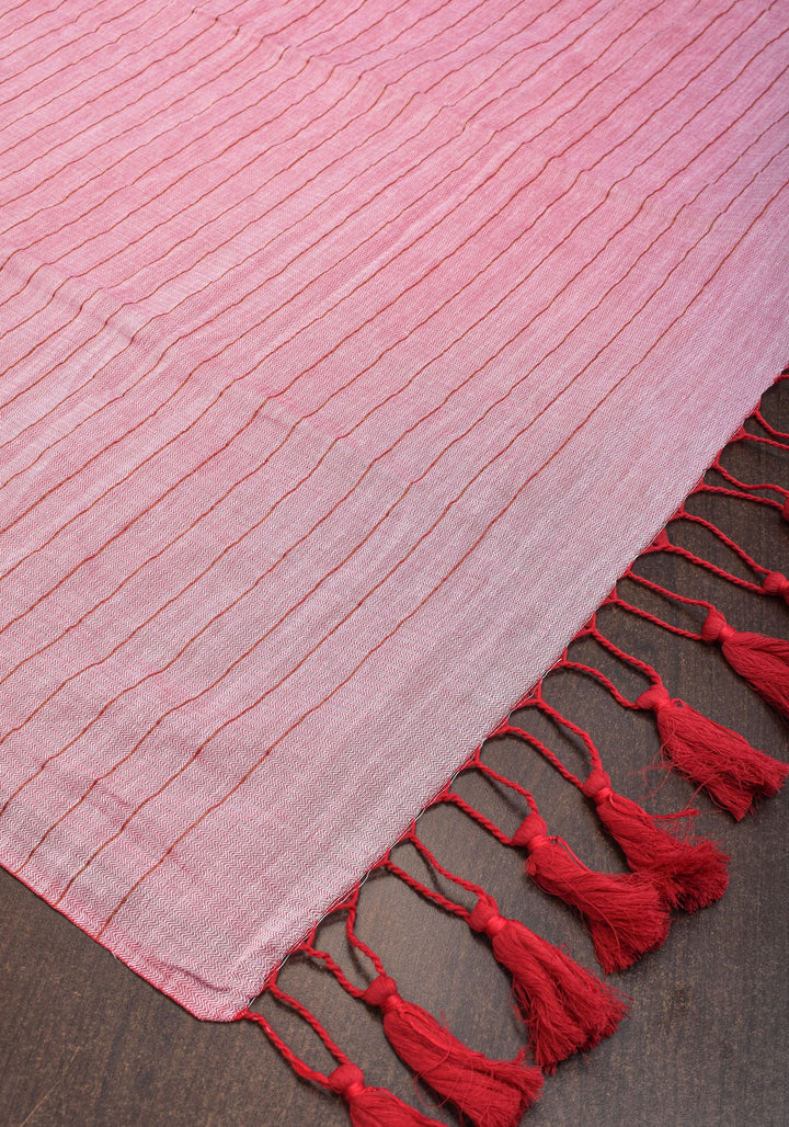 Handwoven Maheshwari Reversible Saree in Cotton in Baby pink and red dual tone No blouse Piece