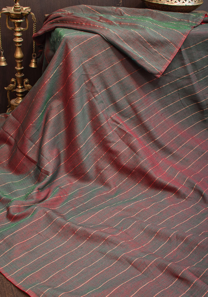 Handwoven Maheshwari Reversible Cotton Saree in Green and No blouse Piece