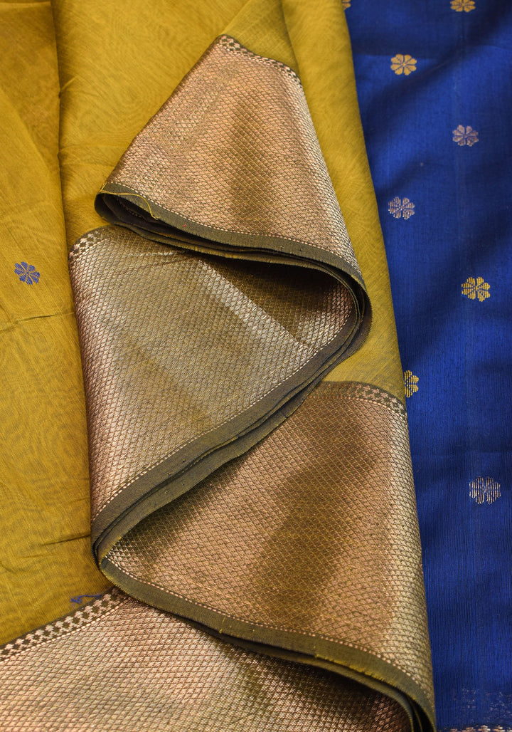 Handwoven Maheshwari Silk Cotton Saree in Moss Green with zari borders | SHOBITAM