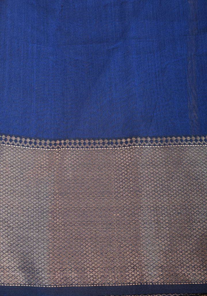 Handwoven Maheshwari Silk Cotton Saree in Moss Green with zari borders | SHOBITAM