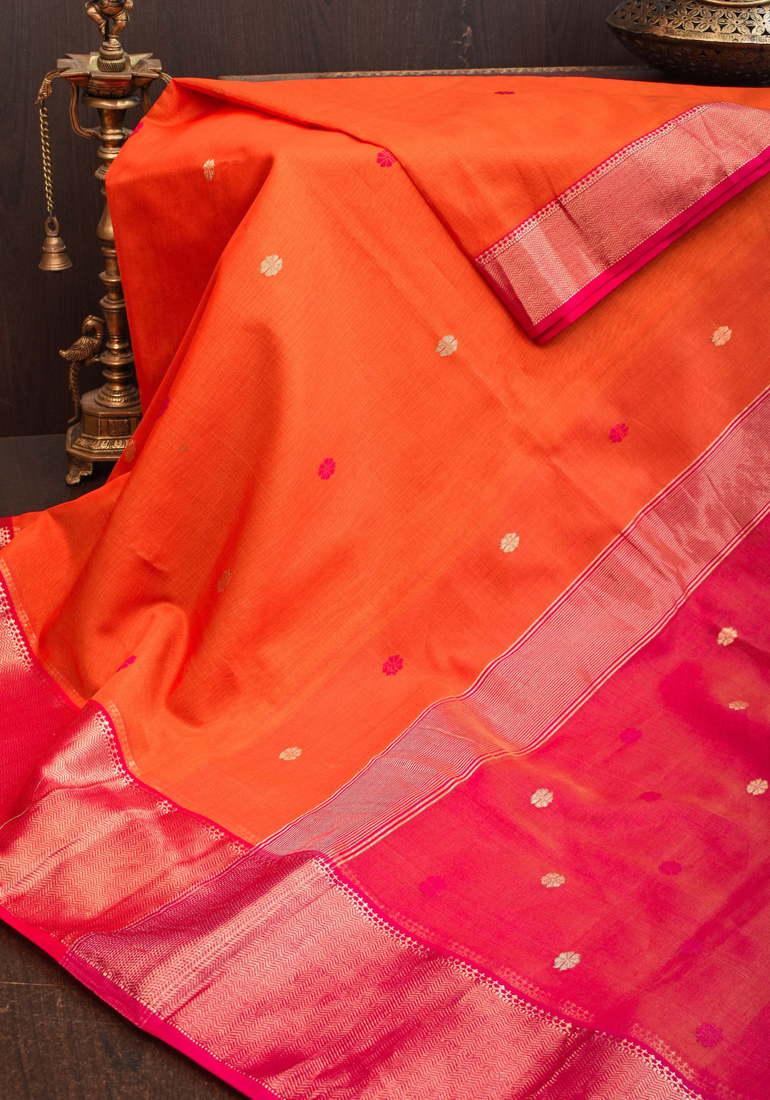 Handwoven Maheshwari Silk Cotton Saree in Orange and Pink Combination with Zari Border