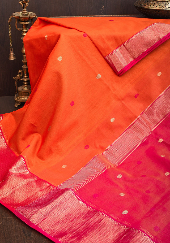 Handwoven Maheshwari Silk Cotton Saree in Orange and Pink Combination with Zari Border