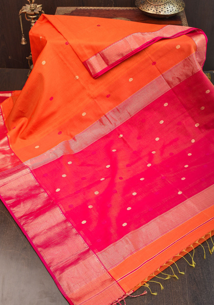 Handwoven Maheshwari Silk Cotton Saree in Orange and Pink Combination with Zari Border