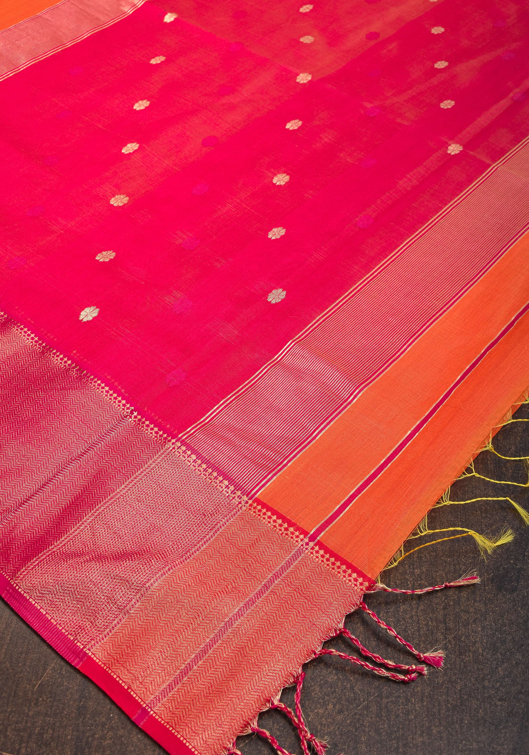 Handwoven Maheshwari Silk Cotton Saree in Orange and Pink Combination with Zari Border