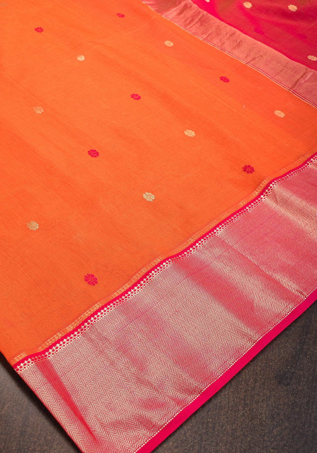 Handwoven Maheshwari Silk Cotton Saree in Orange and Pink Combination with Zari Border