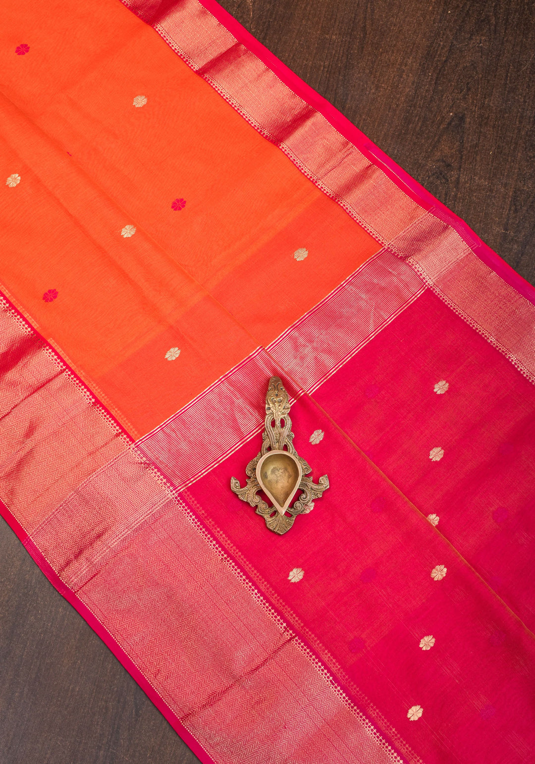 Handwoven Maheshwari Silk Cotton Saree in Orange and Pink Combination with Zari Border