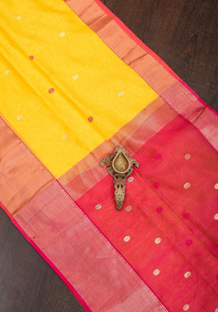 Handwoven Maheshwari Silk Cotton Saree in Yellow and Pink with zari borders