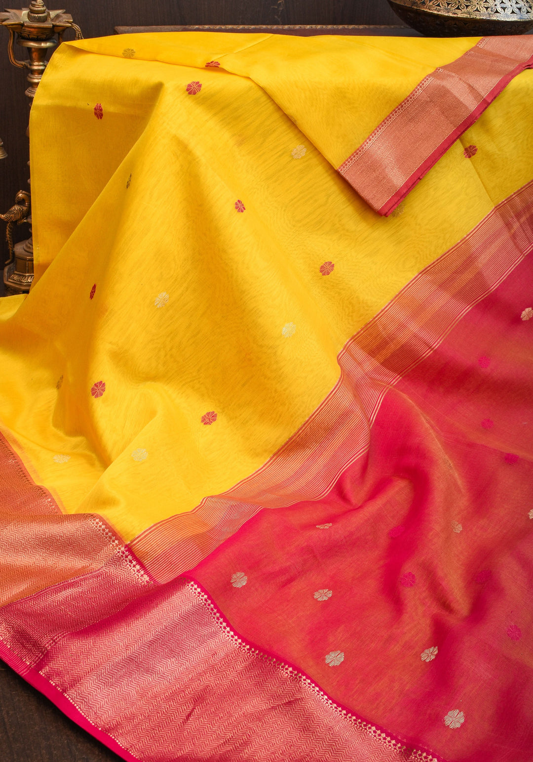 Handwoven Maheshwari Silk Cotton Saree in Yellow and Pink with zari borders