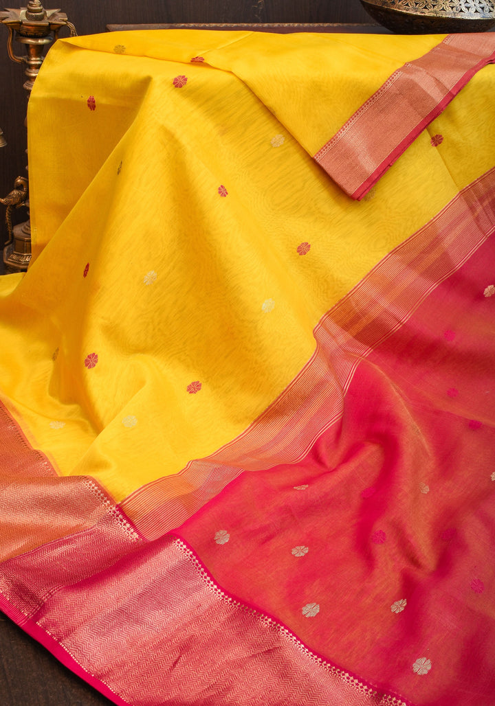 Handwoven Maheshwari Silk Cotton Saree in Yellow and Pink with zari borders