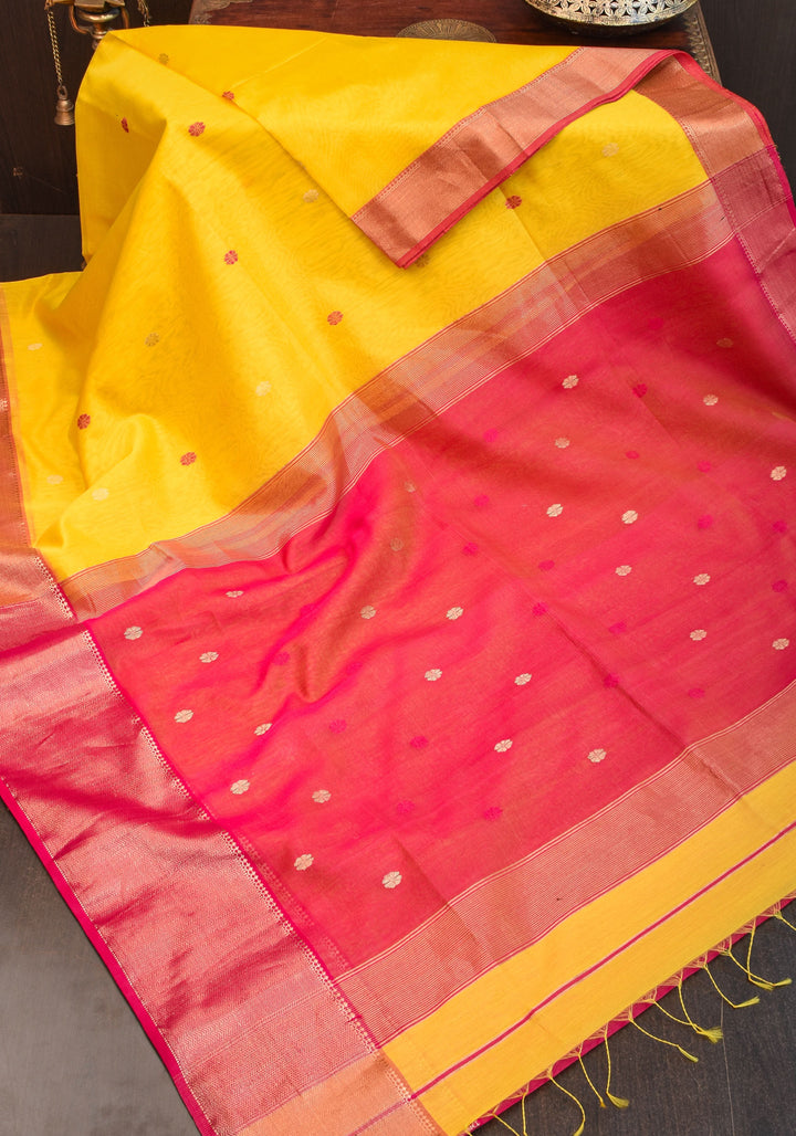 Handwoven Maheshwari Silk Cotton Saree in Yellow and Pink with zari borders