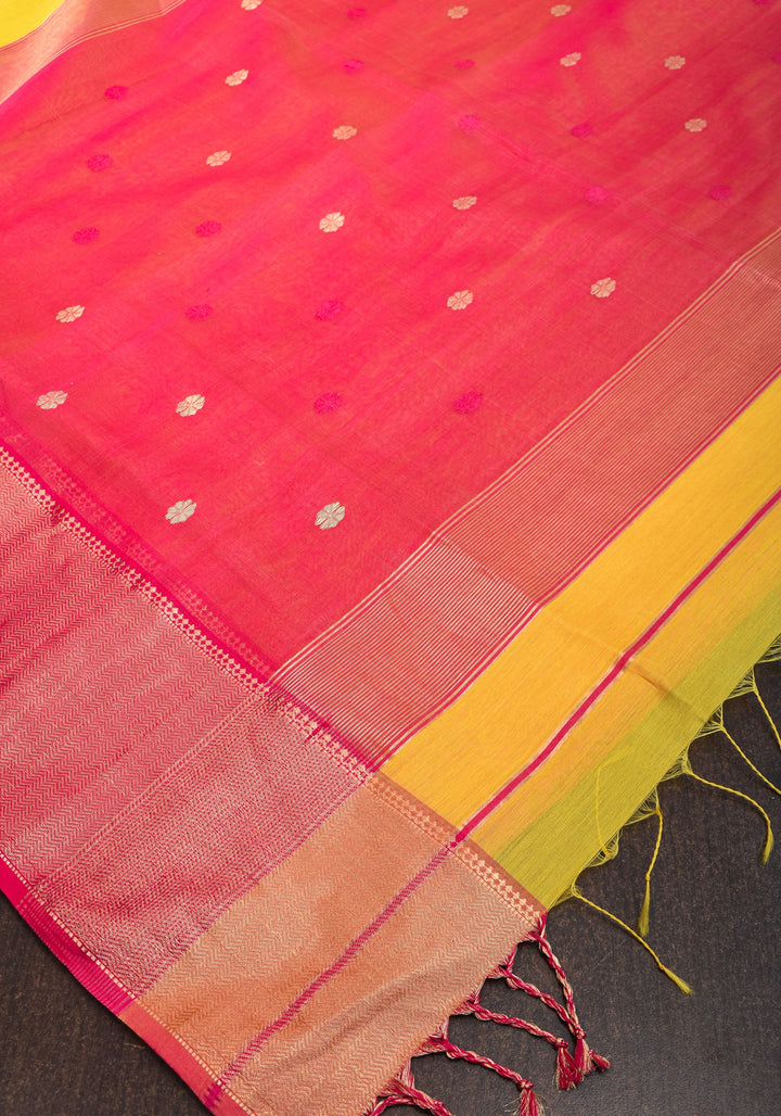 Handwoven Maheshwari Silk Cotton Saree in Yellow and Pink with zari borders