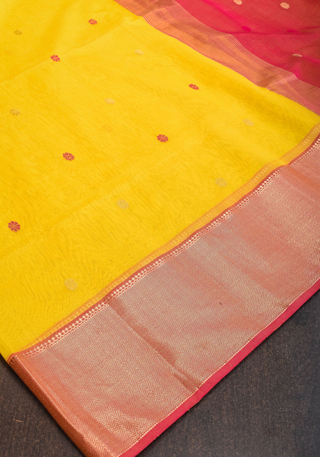 Handwoven Maheshwari Silk Cotton Saree in Yellow and Pink with zari borders