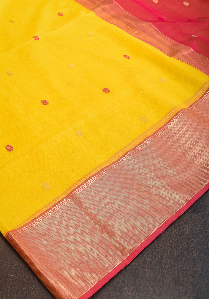 Handwoven Maheshwari Silk Cotton Saree in Yellow and Pink with zari borders