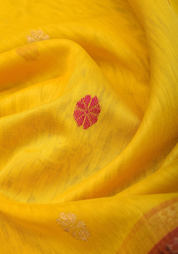 Handwoven Maheshwari Silk Cotton Saree in Yellow and Pink with zari borders