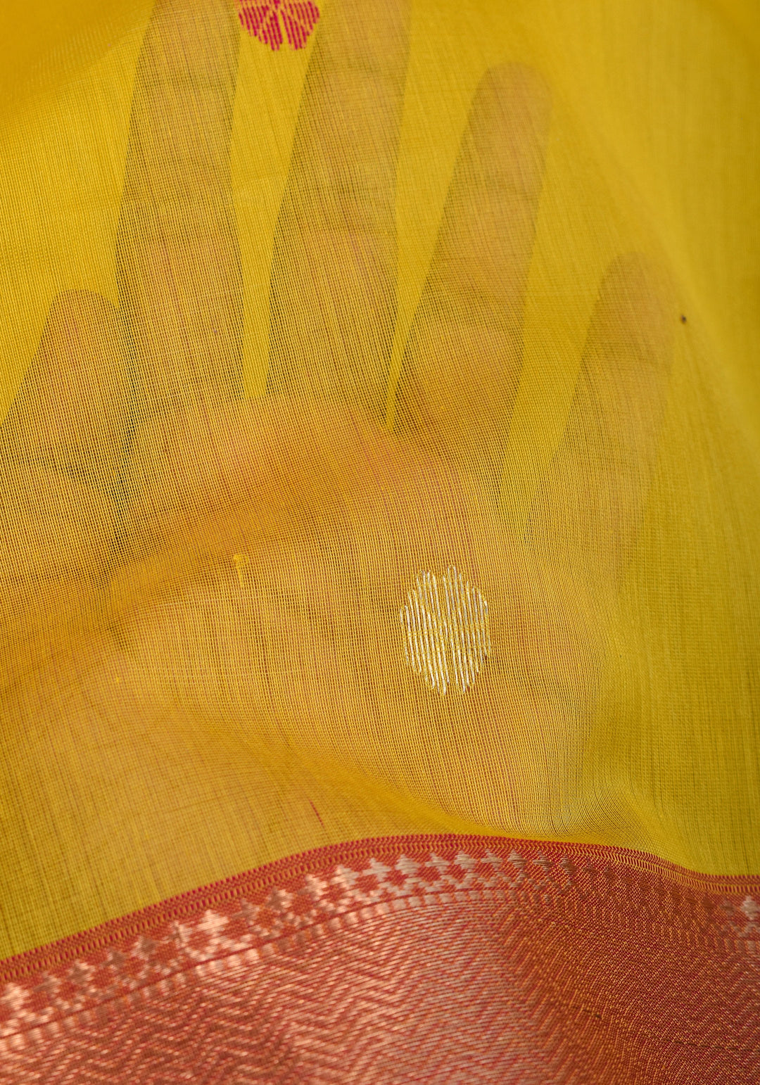 Handwoven Maheshwari Silk Cotton Saree in Yellow and Pink with zari borders