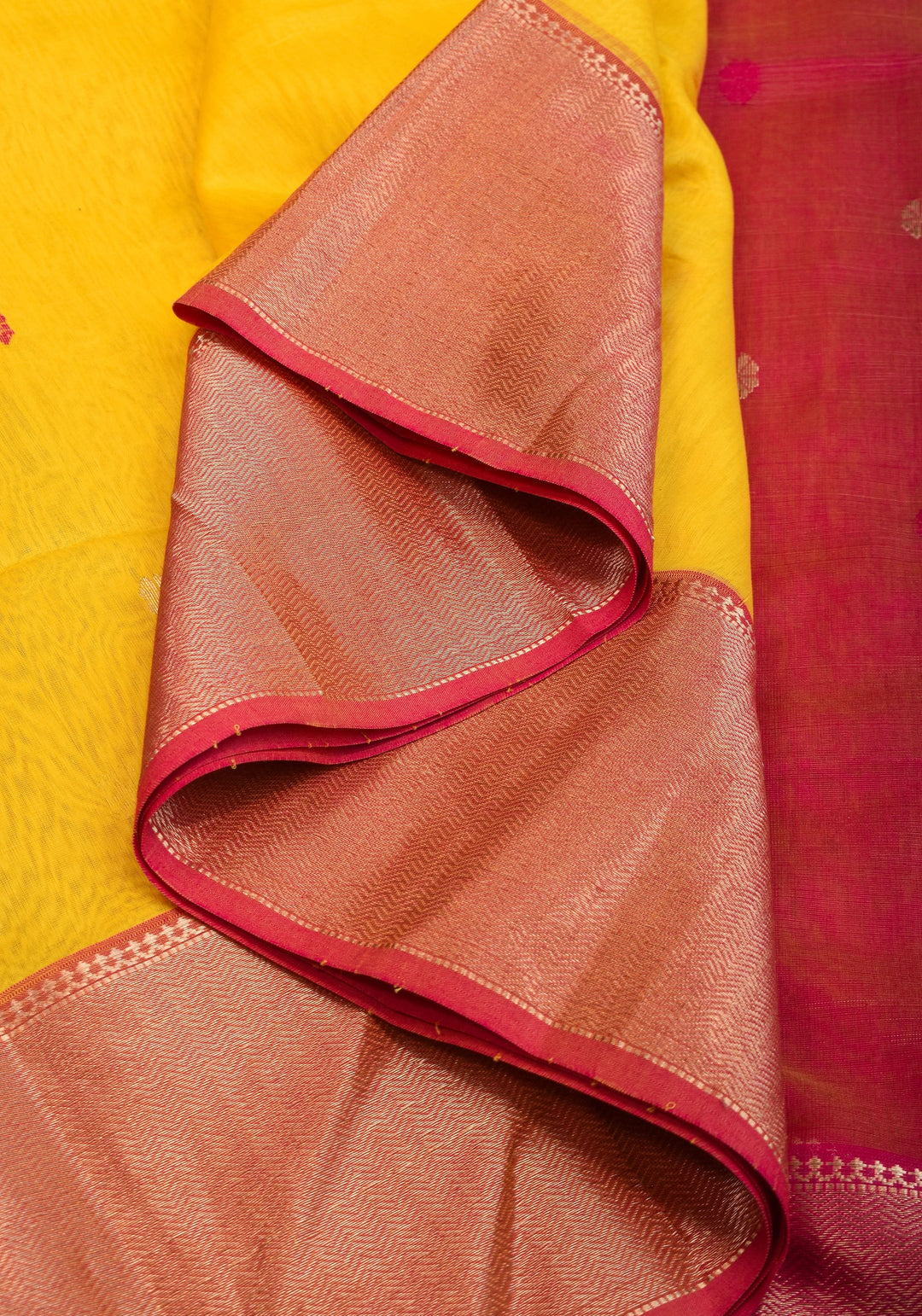 Handwoven Maheshwari Silk Cotton Saree in Yellow and Pink with zari borders