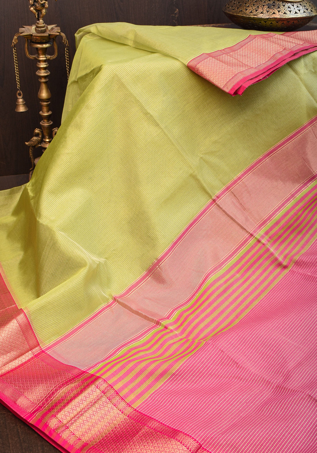 Handwoven Maheshwari silk cotton saree in Pista Green with Zari Checks