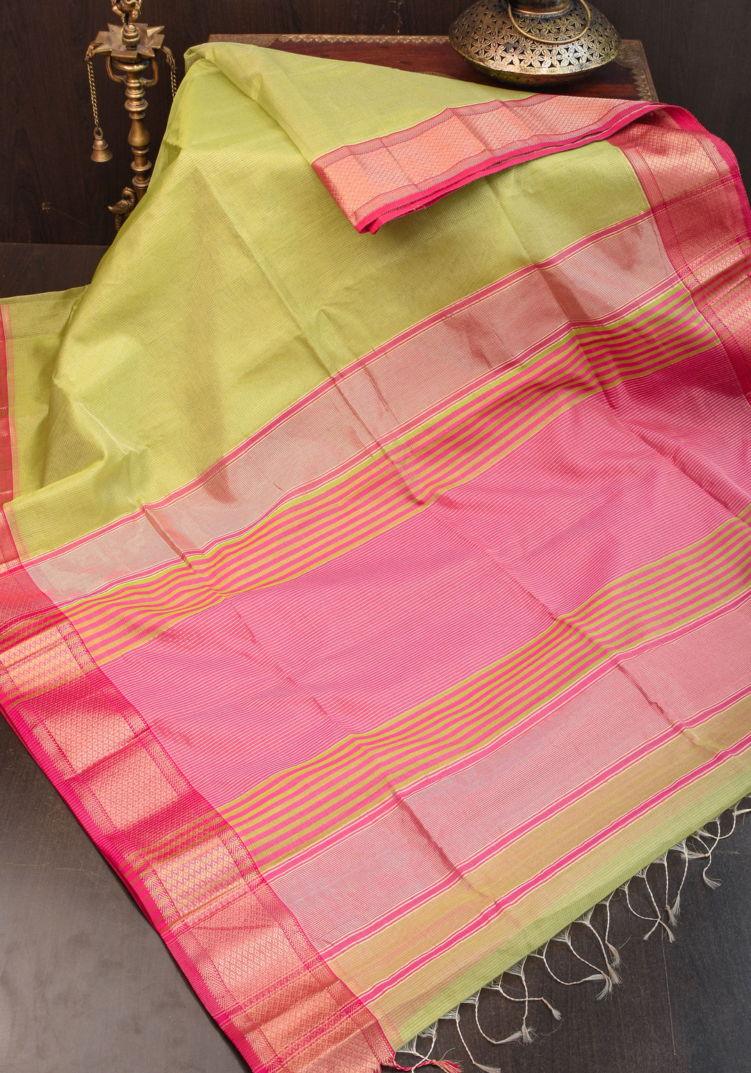 Handwoven Maheshwari silk cotton saree in Pista Green with Zari Checks