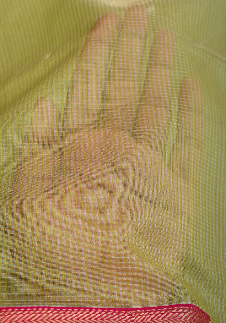 Handwoven Maheshwari silk cotton saree in Pista Green with Zari Checks