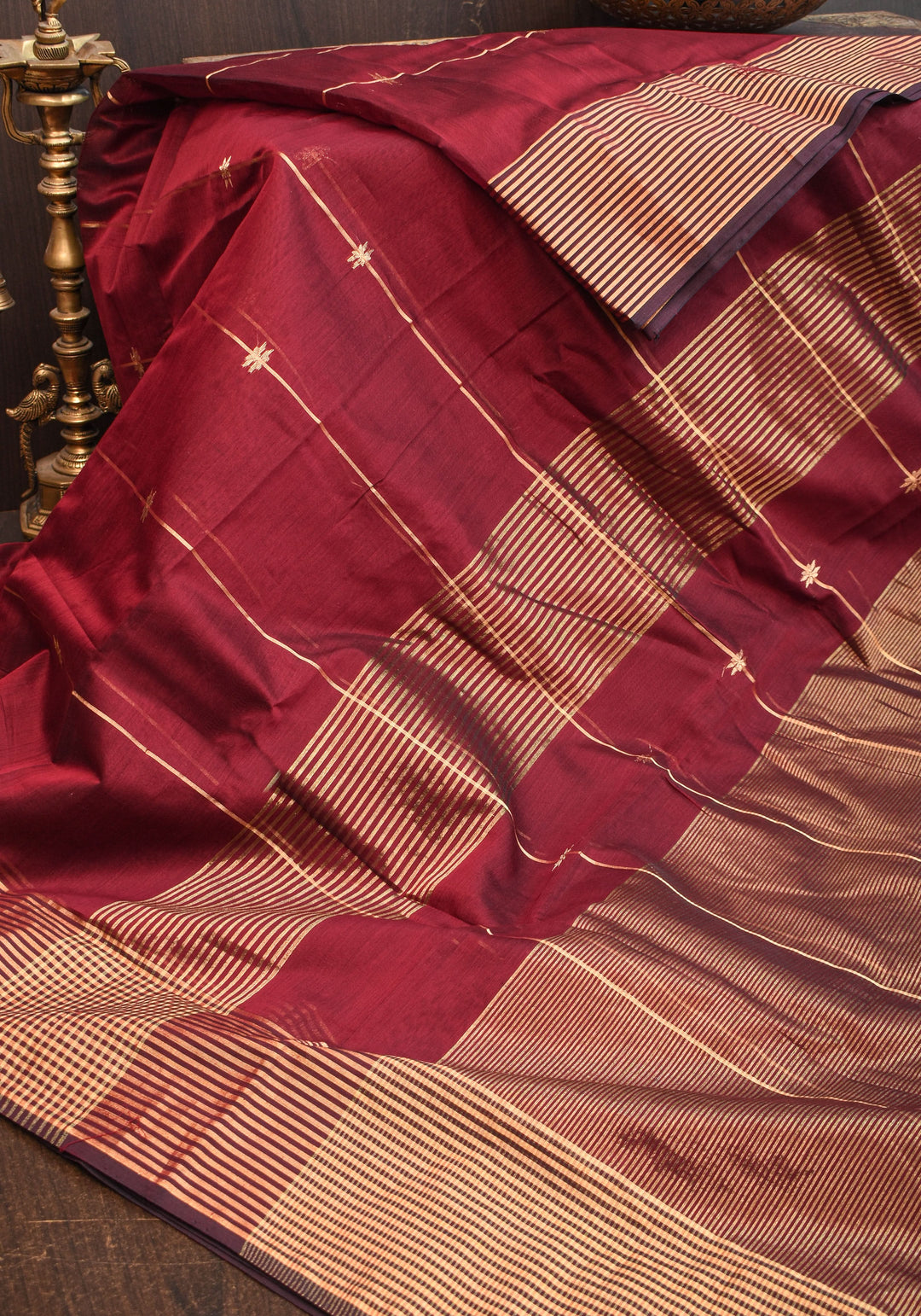 Maheshwari Silk Cotton Saree in Maroon with Stripes and Buttas