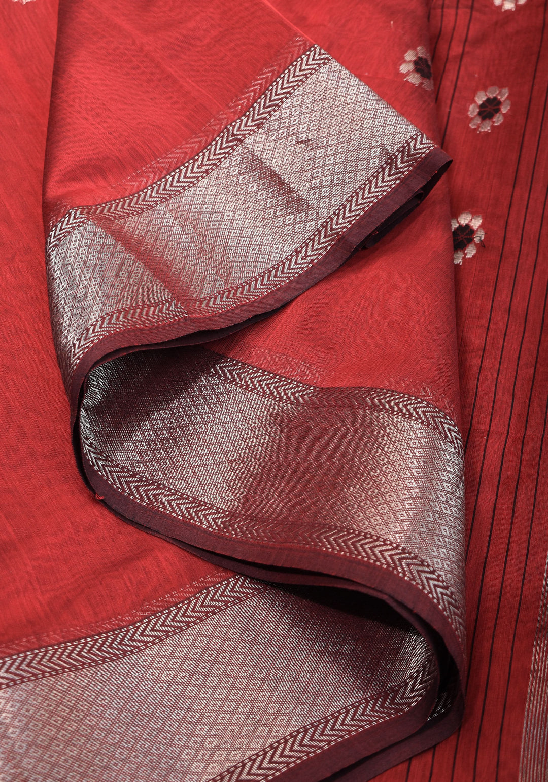 Exquisite Meenakari Handwoven Maheshwari Silk Cotton Saree in Red with meenakari buttas
