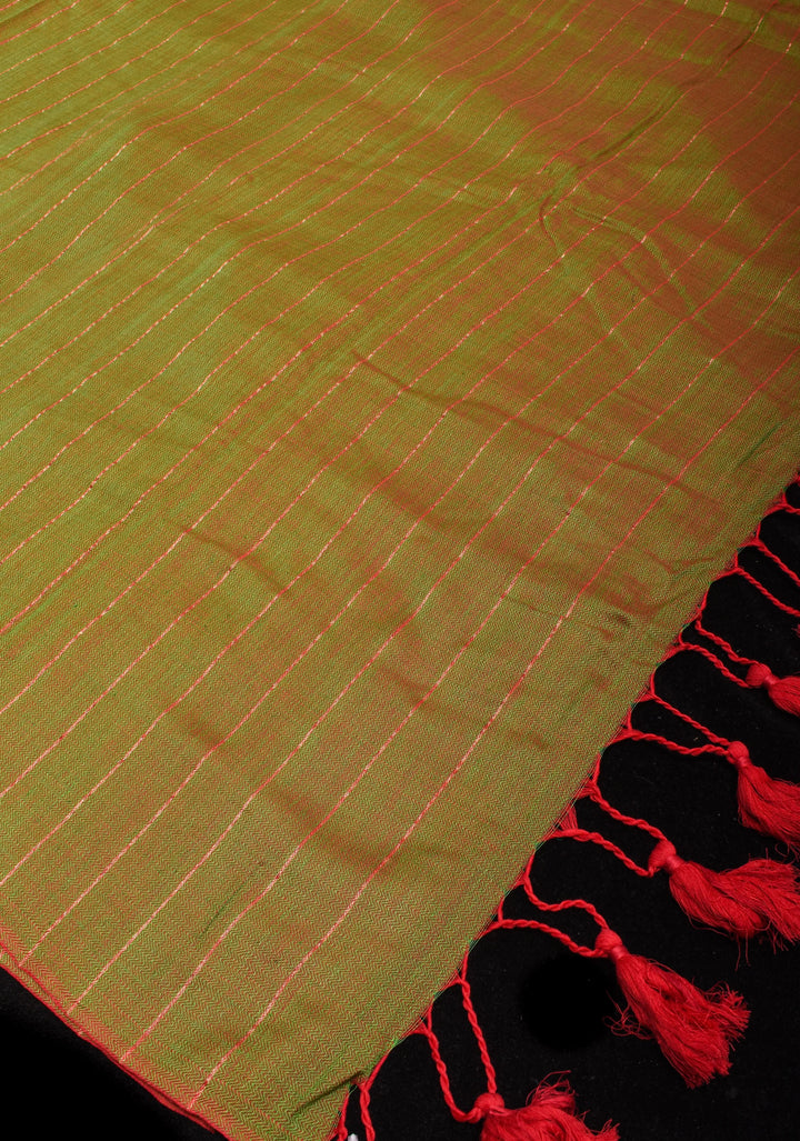 Green and Red Dual tone Handwoven Maheshwari Silk Cotton Saree with Zari Stripes