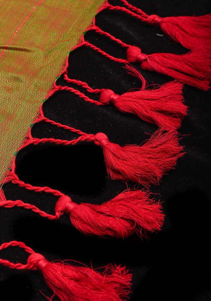 Green and Red Dual tone Handwoven Maheshwari Silk Cotton Saree with Zari Stripes