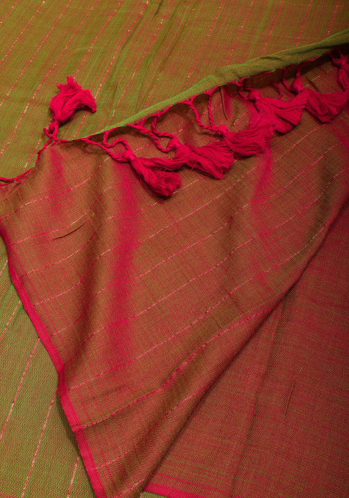 Green and Red Dual tone Handwoven Maheshwari Silk Cotton Saree with Zari Stripes