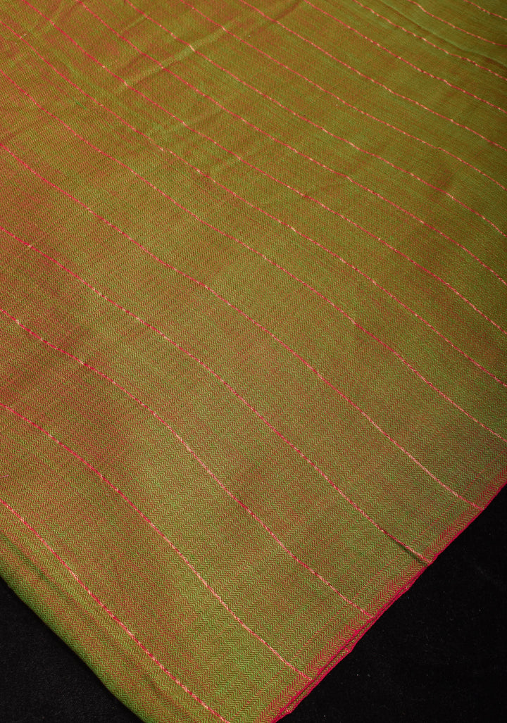 Green and Red Dual tone Handwoven Maheshwari Silk Cotton Saree with Zari Stripes